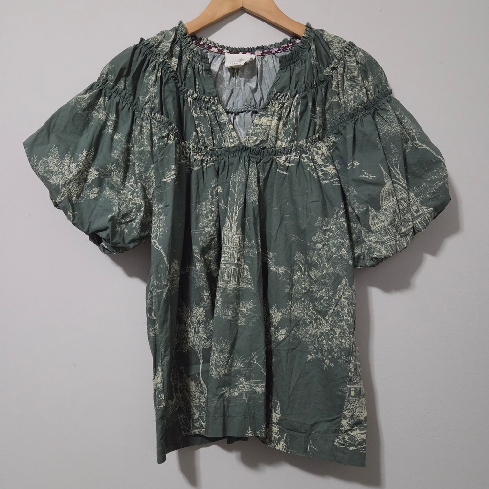 Umgee Green Toile Print Puff Sleeve V-Neck Ruffle Blouse Small Cottagecore Boho